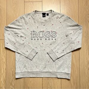 Hugo Boss Crewneck Sweatshirt Grey All Over Letter Logo Print Medium